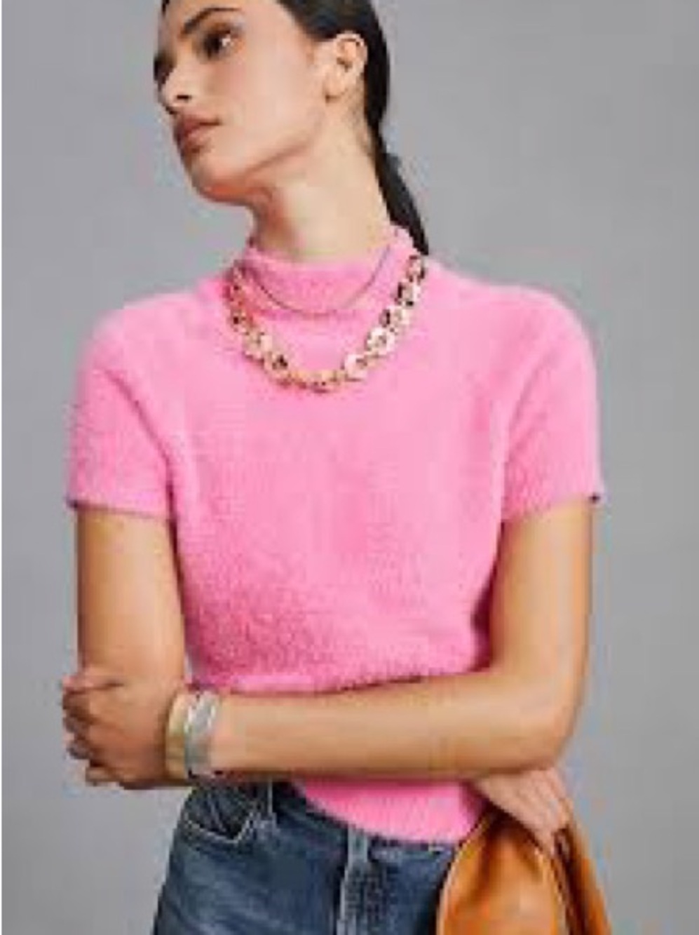 Anthropology Maeve Bright Pink Eyelash Mock Neck Short-Sleeve Turtleneck Sweater